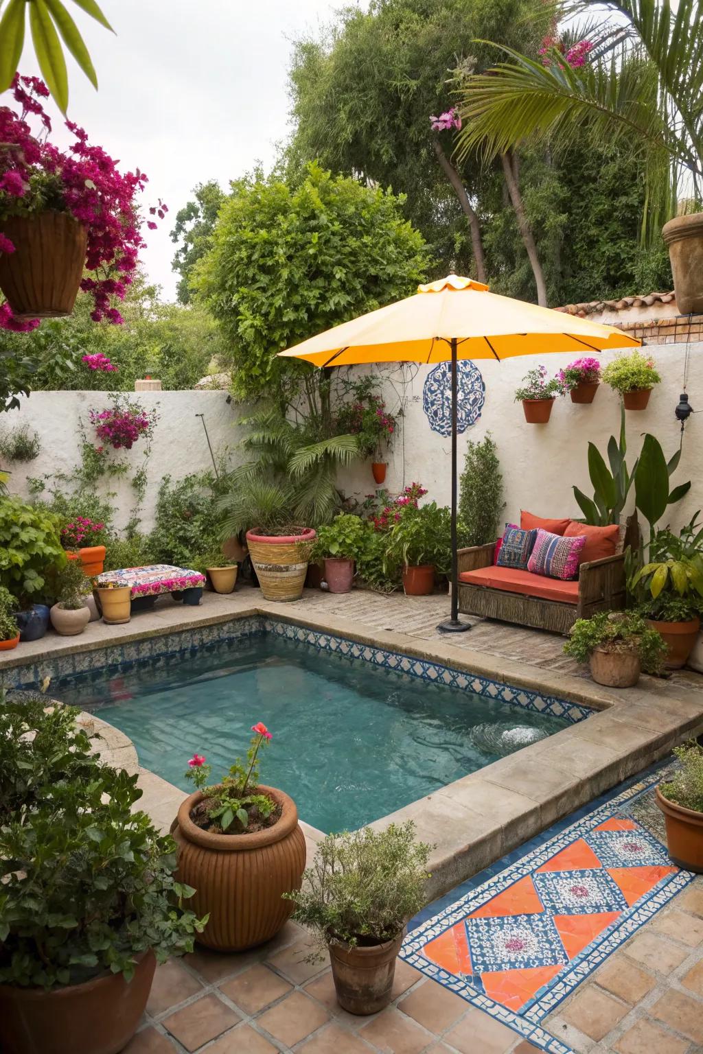 Potted plants bring life and color to a small patio pool area.