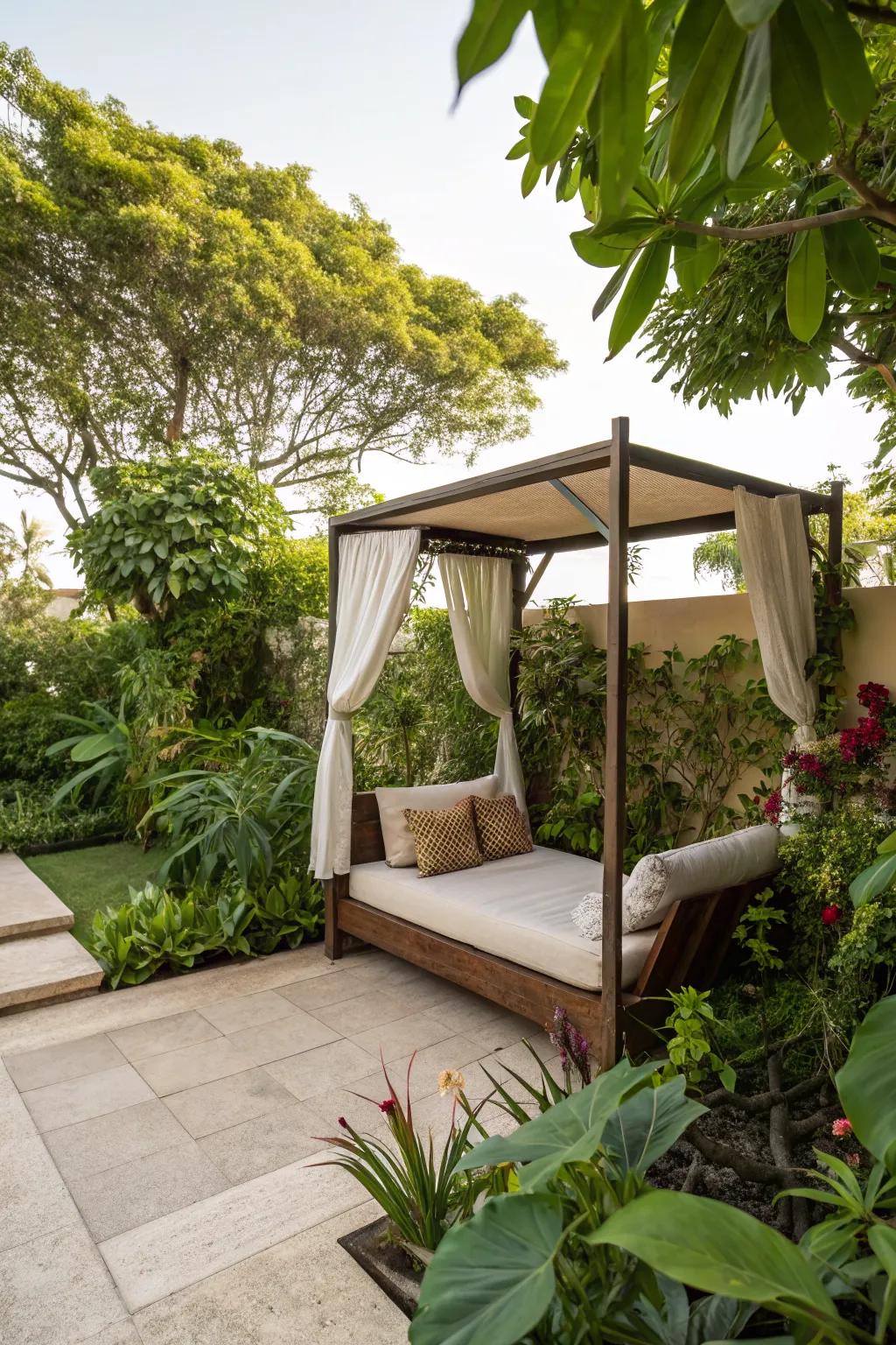 Daybeds with canopies provide comfort and shade for lounging.