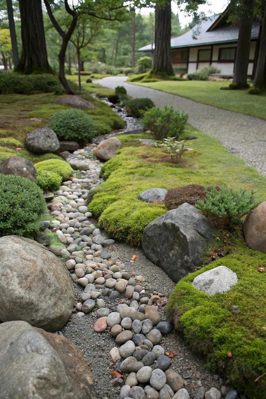 Mimic nature with a fusion of rocks and pebbles for a riverbed effect.