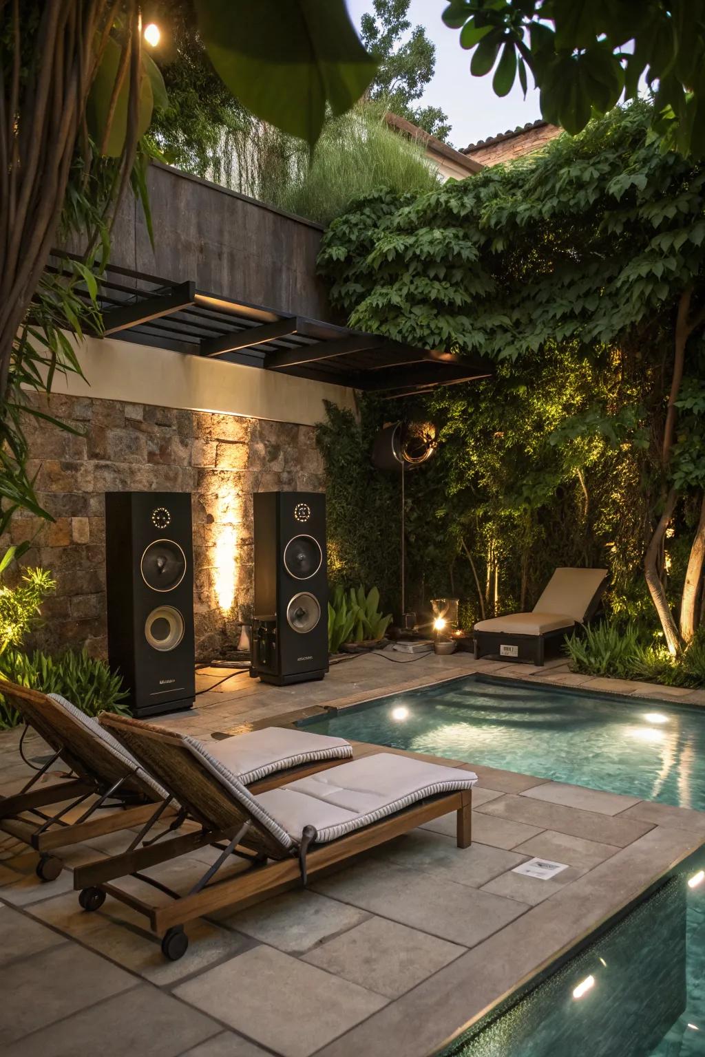 A sound system setting the mood around a small pool.