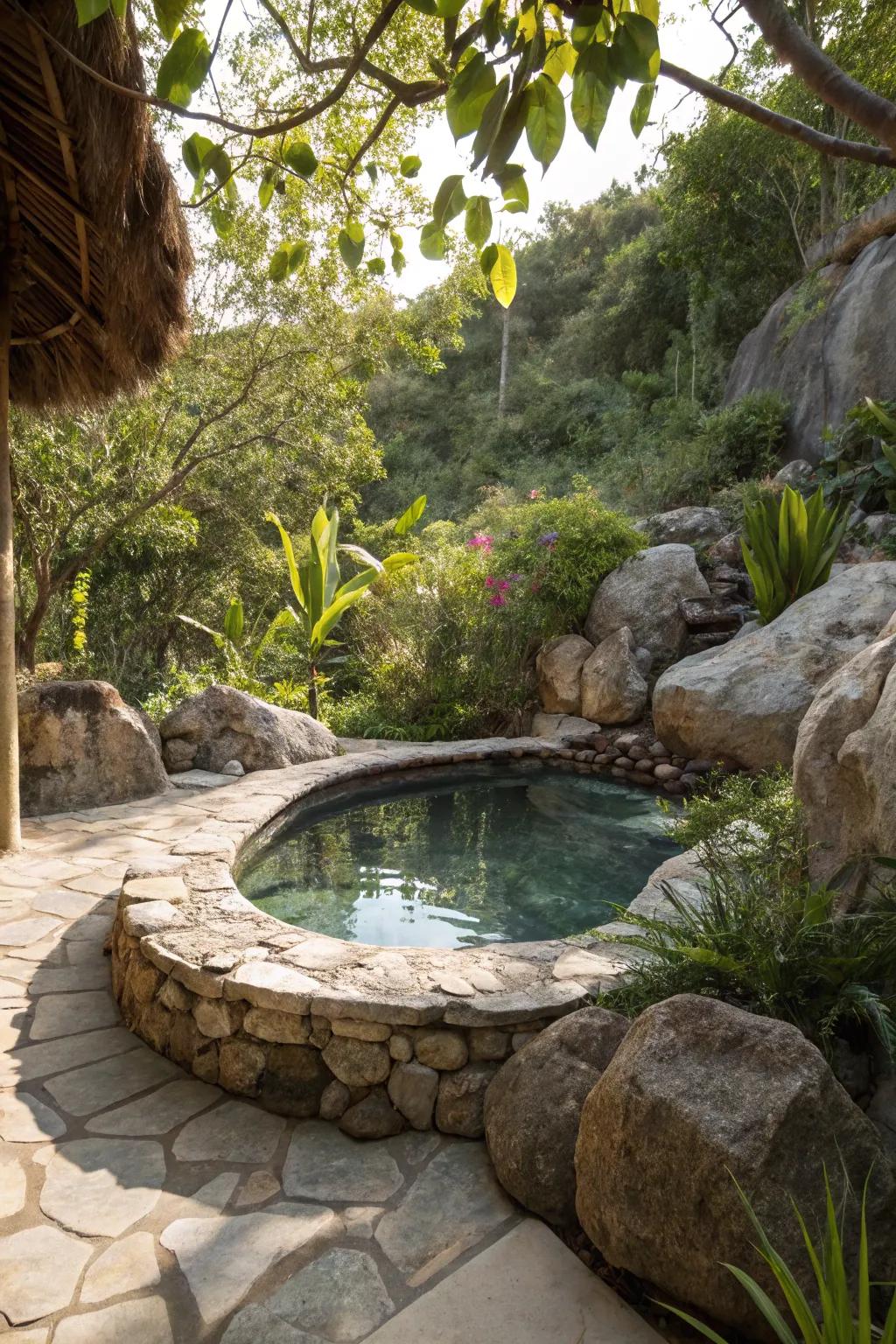 A natural poolside retreat blending water, stone, and greenery.