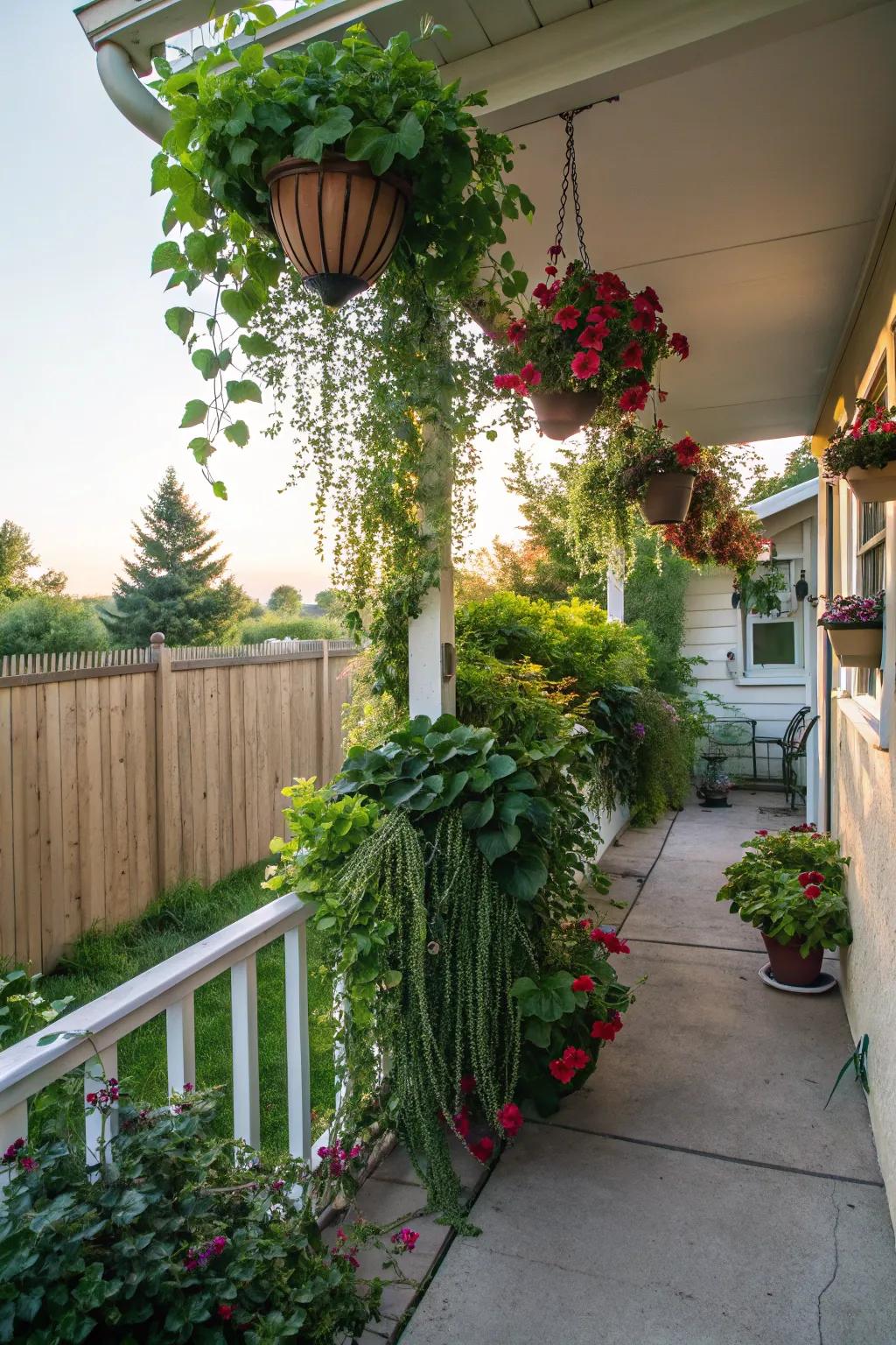 Hanging plants utilize vertical space effectively.