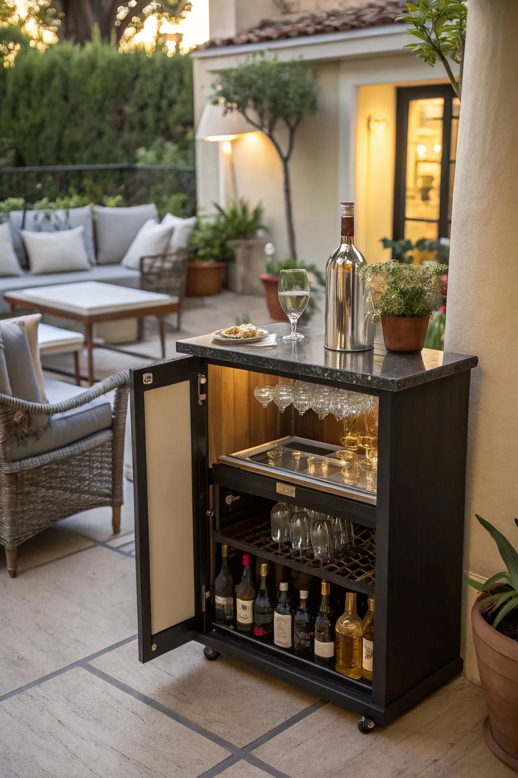 A chic mini bar setup ideal for entertaining on a small patio.