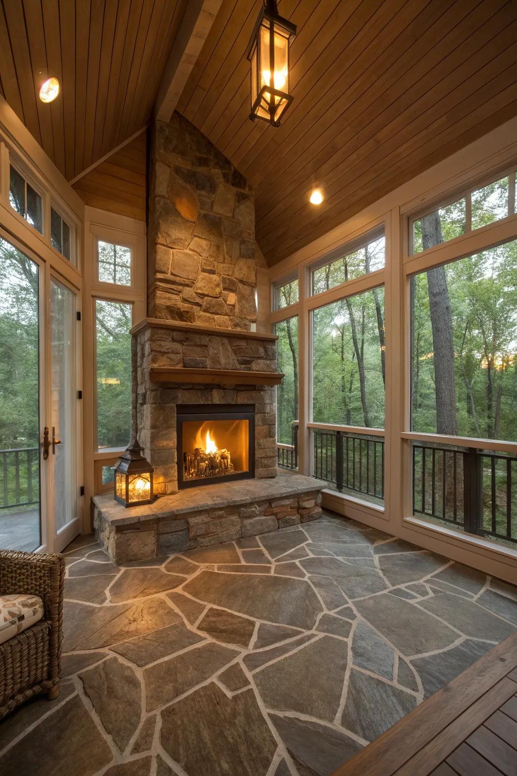 Natural stone flooring enhances the earthy feel of the porch.