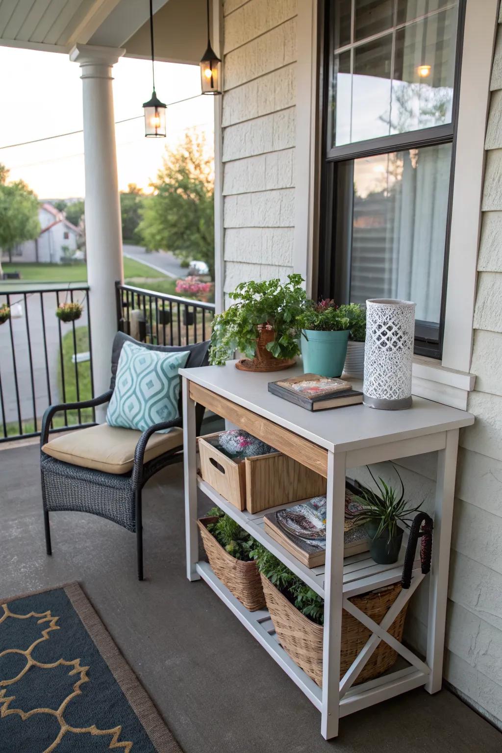 A table with storage keeps your porch tidy and functional.