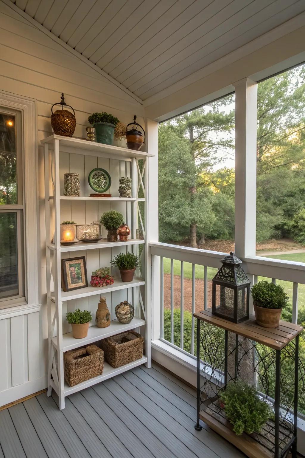 Corner shelving units maximize vertical space on a small porch.
