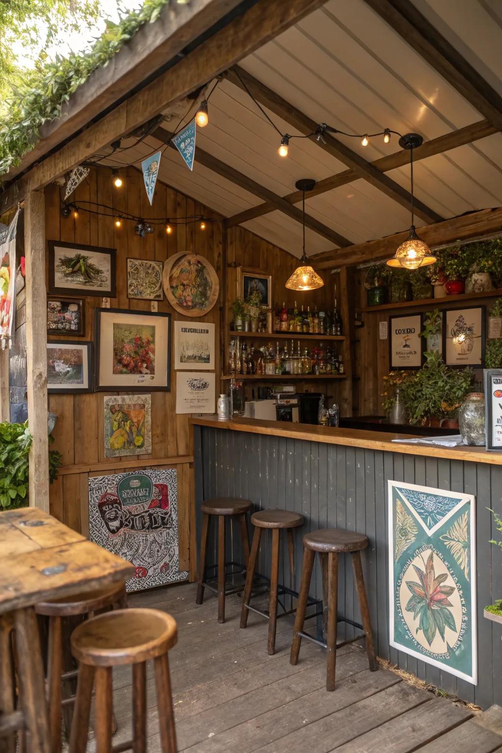 Infuse your shed bar with personality using art and crafts.