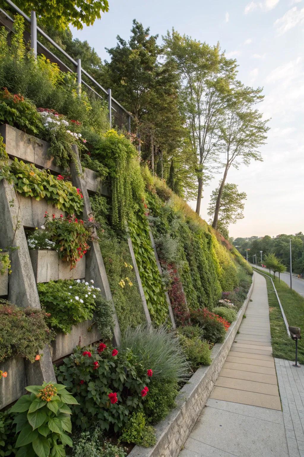 Vertical gardens enhance slopes with lush greenery.
