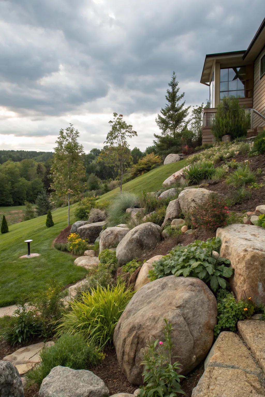 Use boulders to add visual interest and stabilize the slope.