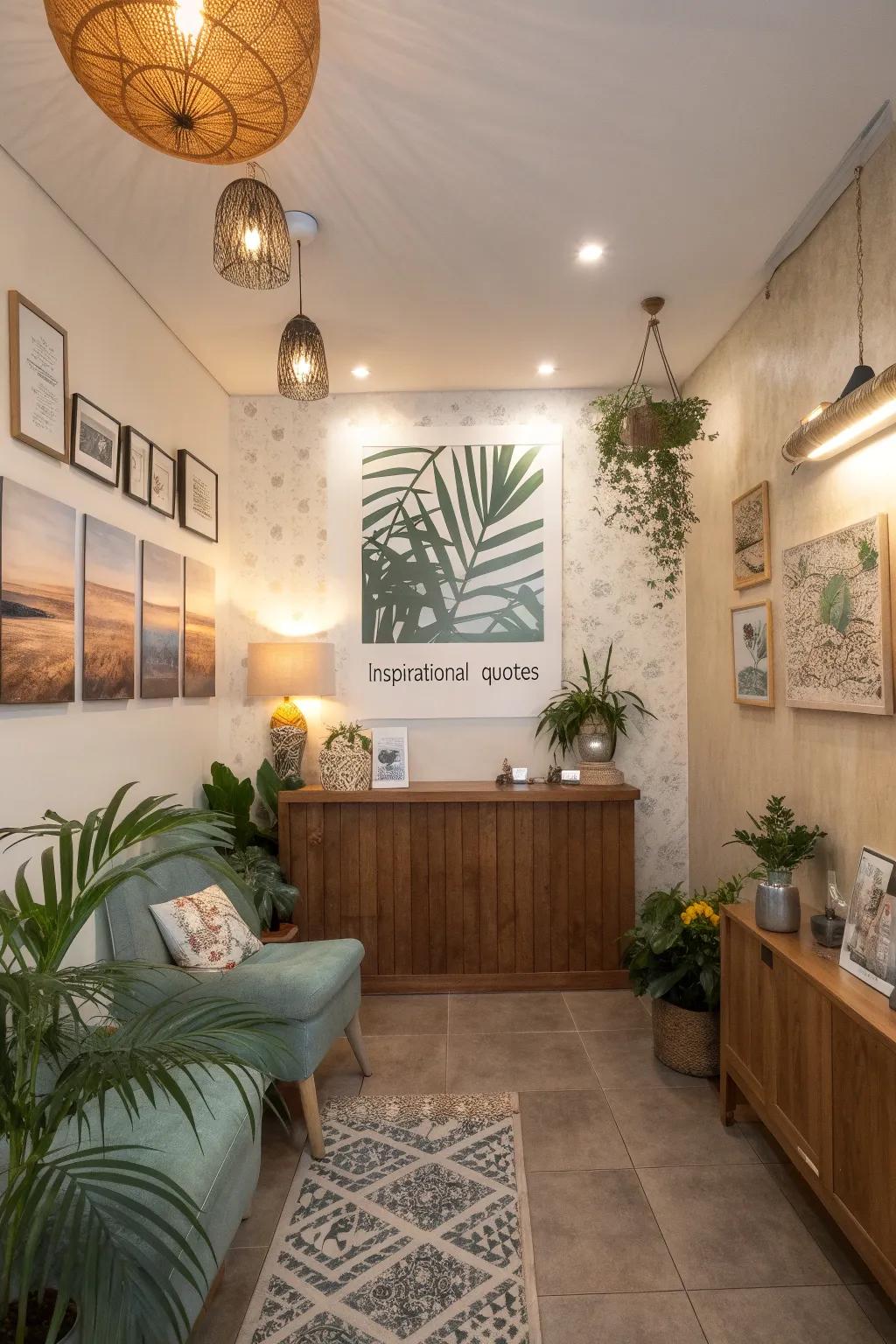 Local art and inspiring quotes add personality to the space.