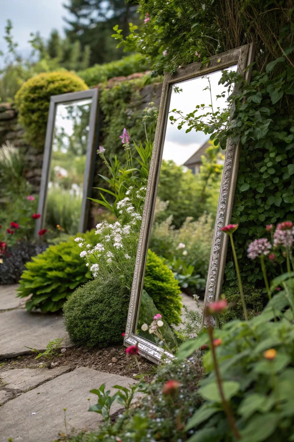 Mirrors create an illusion of space, enhancing small garden areas.