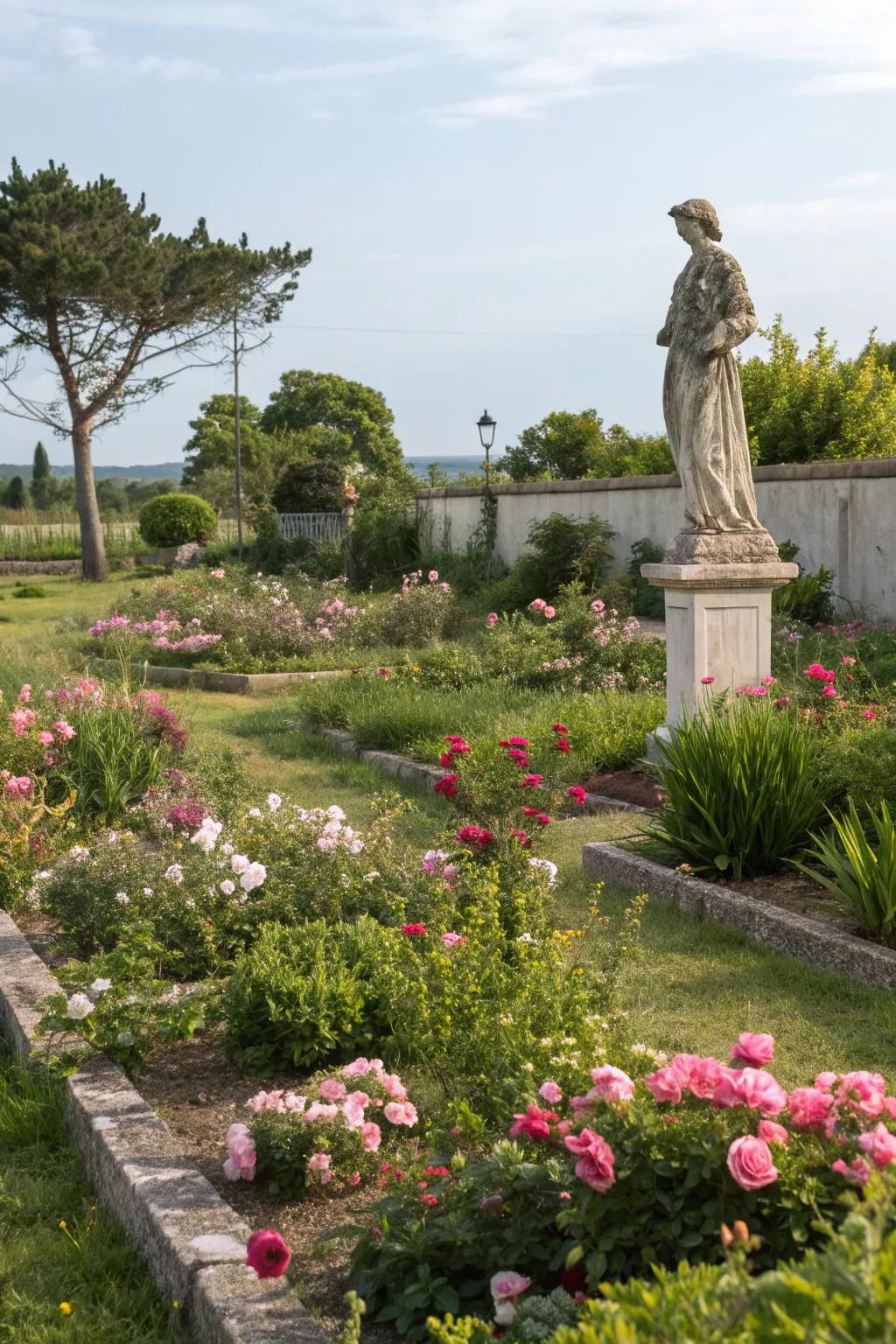 A stone statue serves as a charming focal point.
