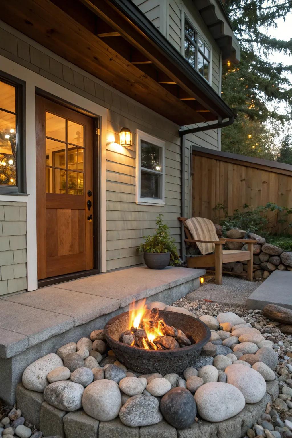 A charming stone fire pit creates a cozy gathering space on the porch.