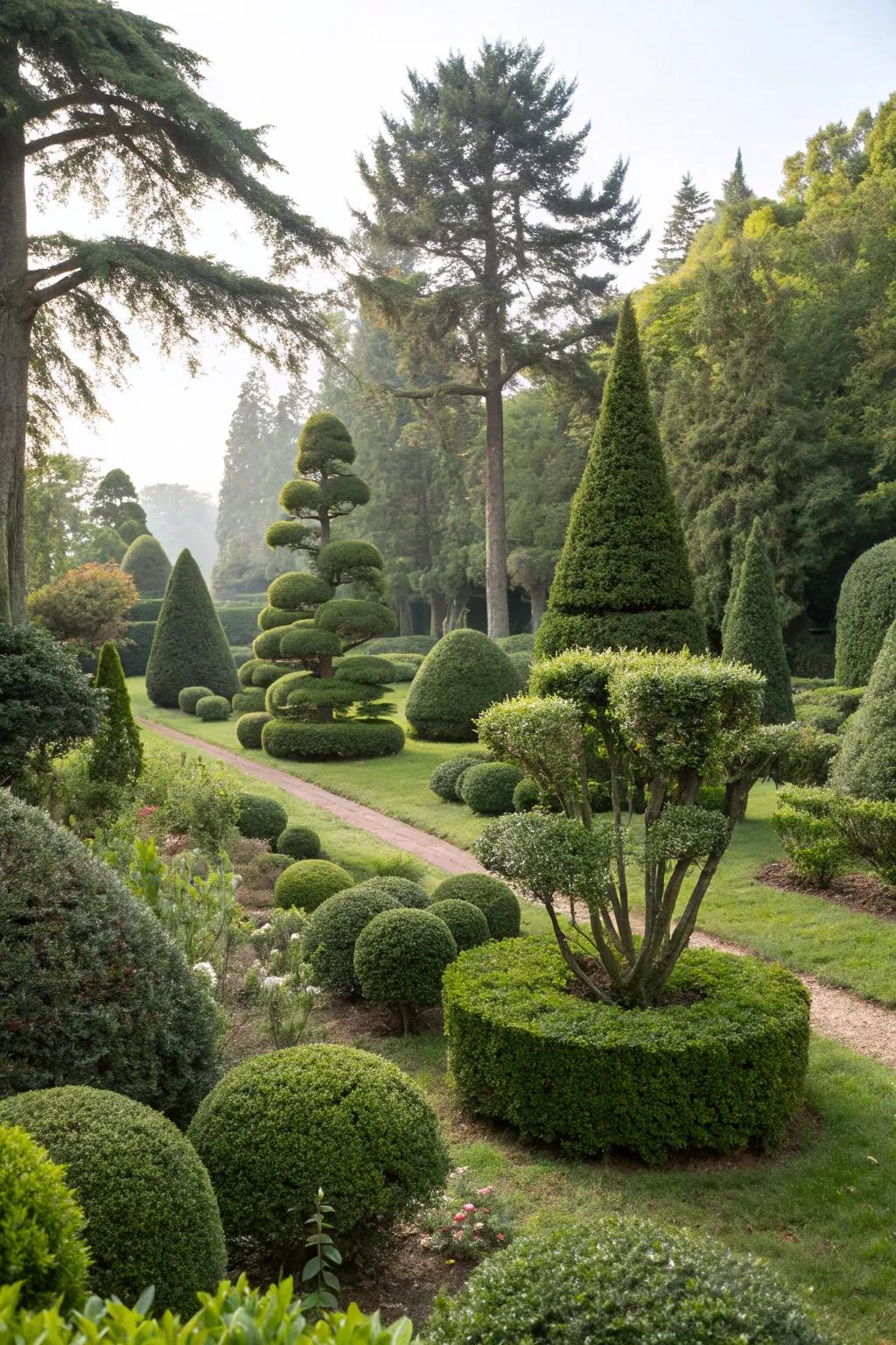 A miniature topiary forest creates an enchanting scene.
