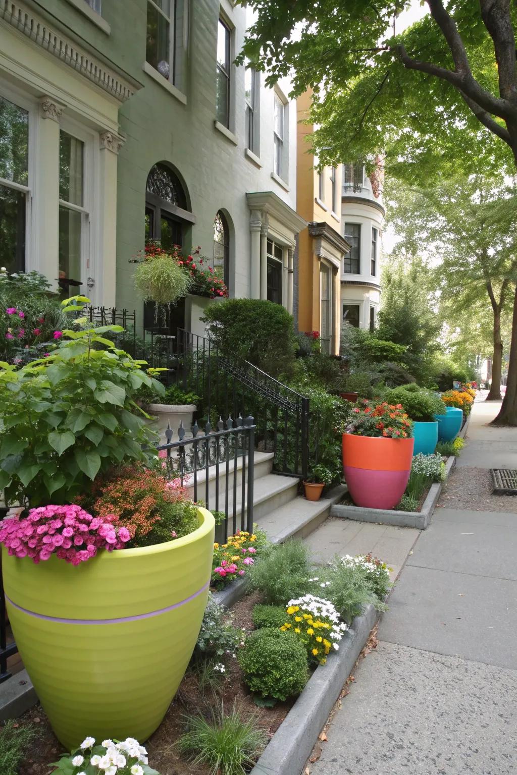 Artistic planters add a creative touch to this townhouse front garden.