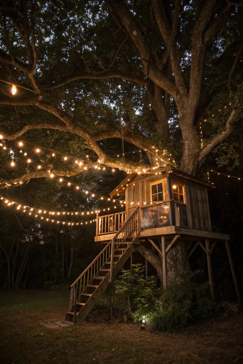 A tree house adorned with twinkling lights, offering a warm and magical evening retreat.