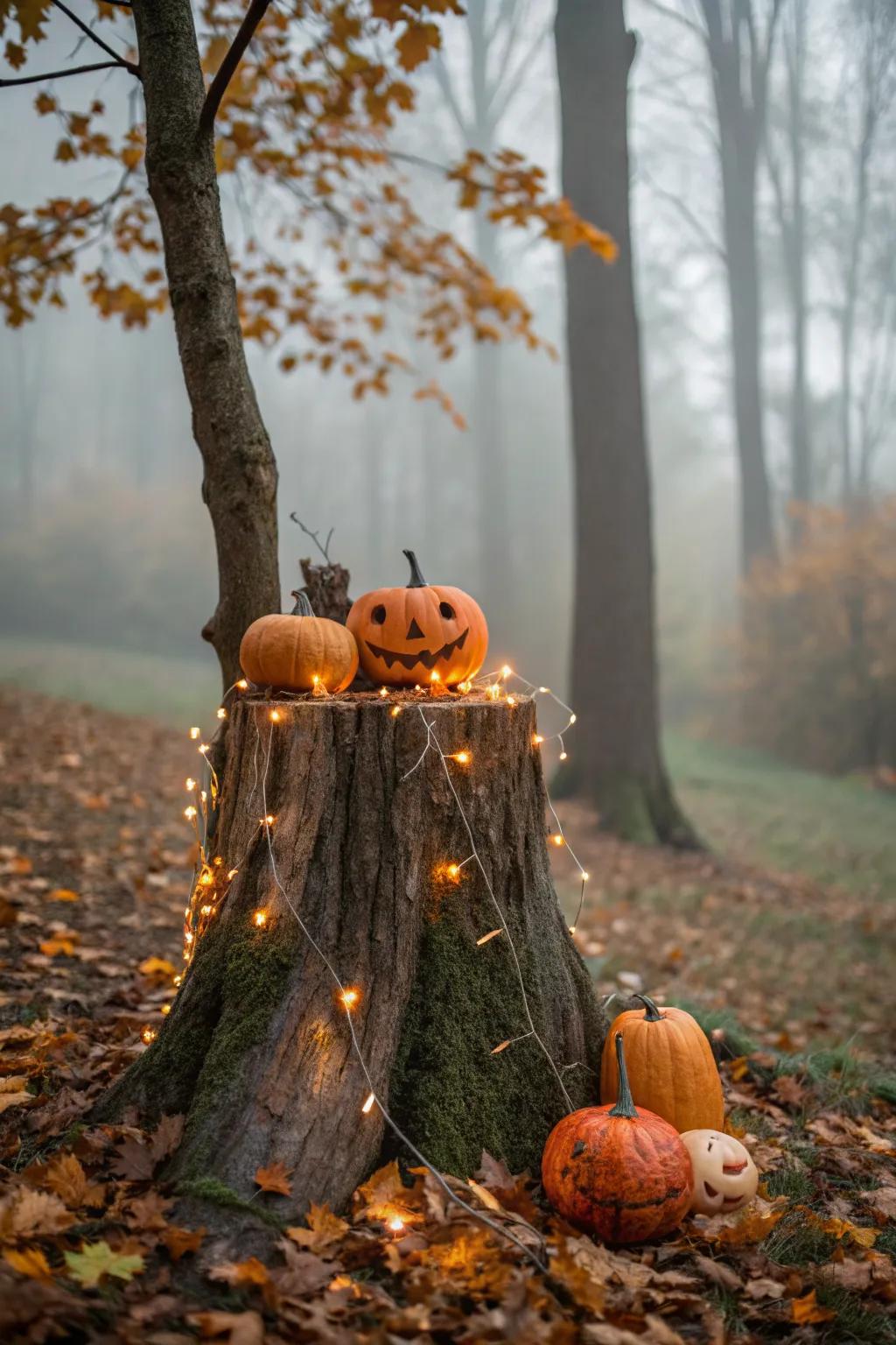 A seasonal decor stand crafted from a small tree stump.