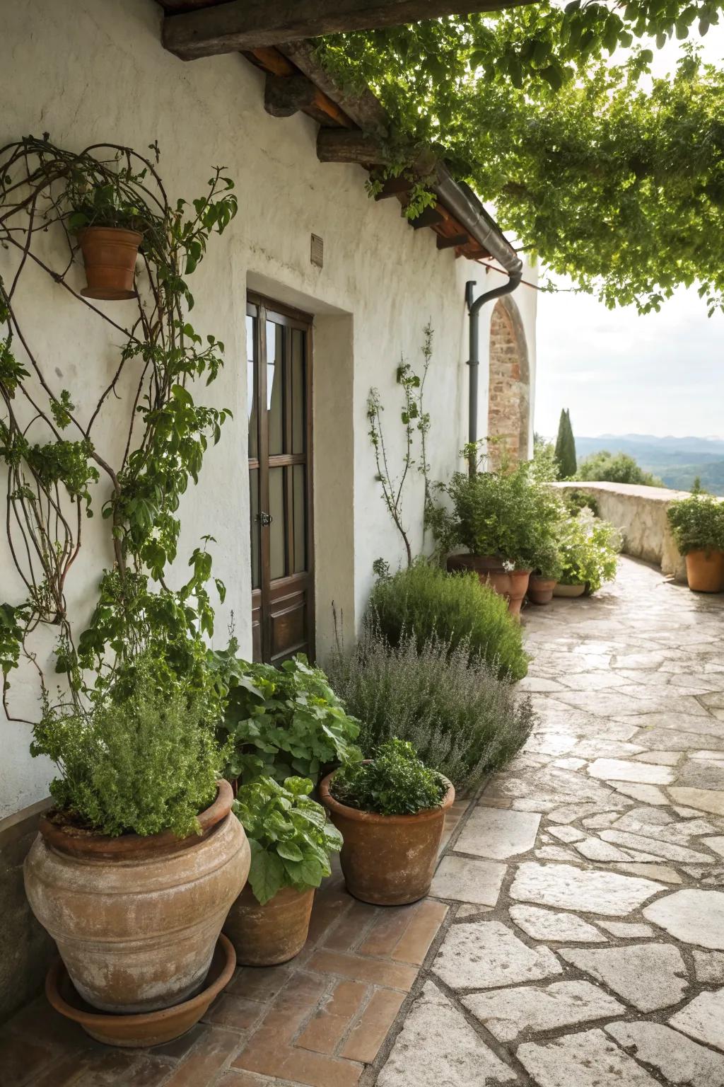 A charming herb garden adds utility and beauty to this patio.