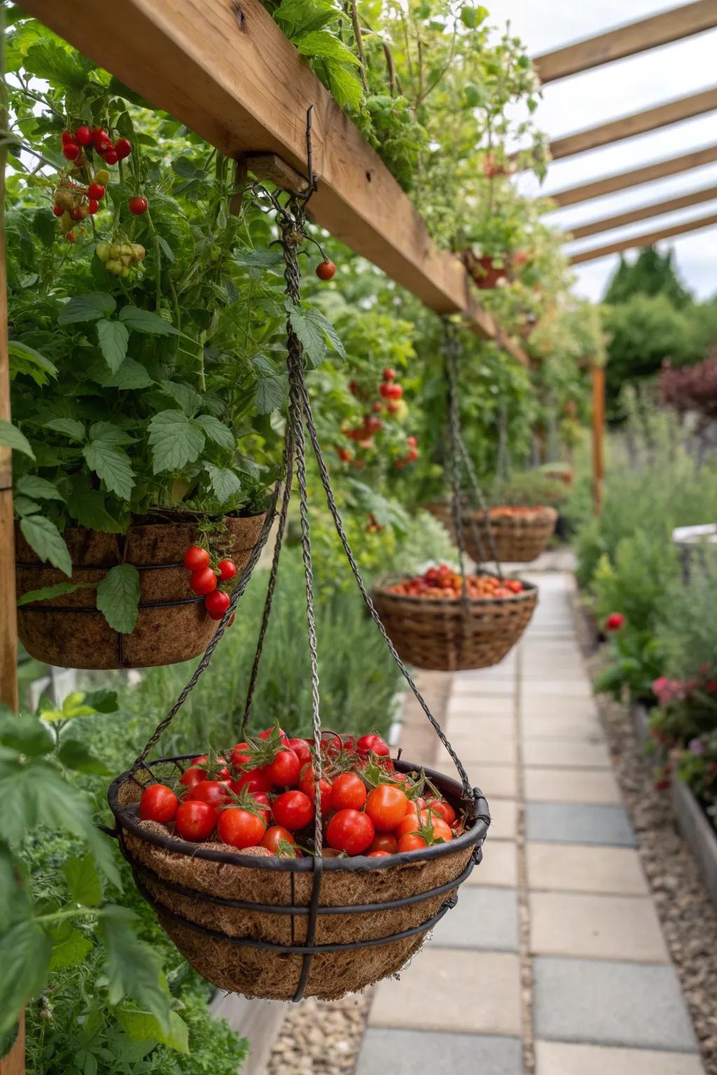 Hanging baskets maximize vertical space for growing edibles.