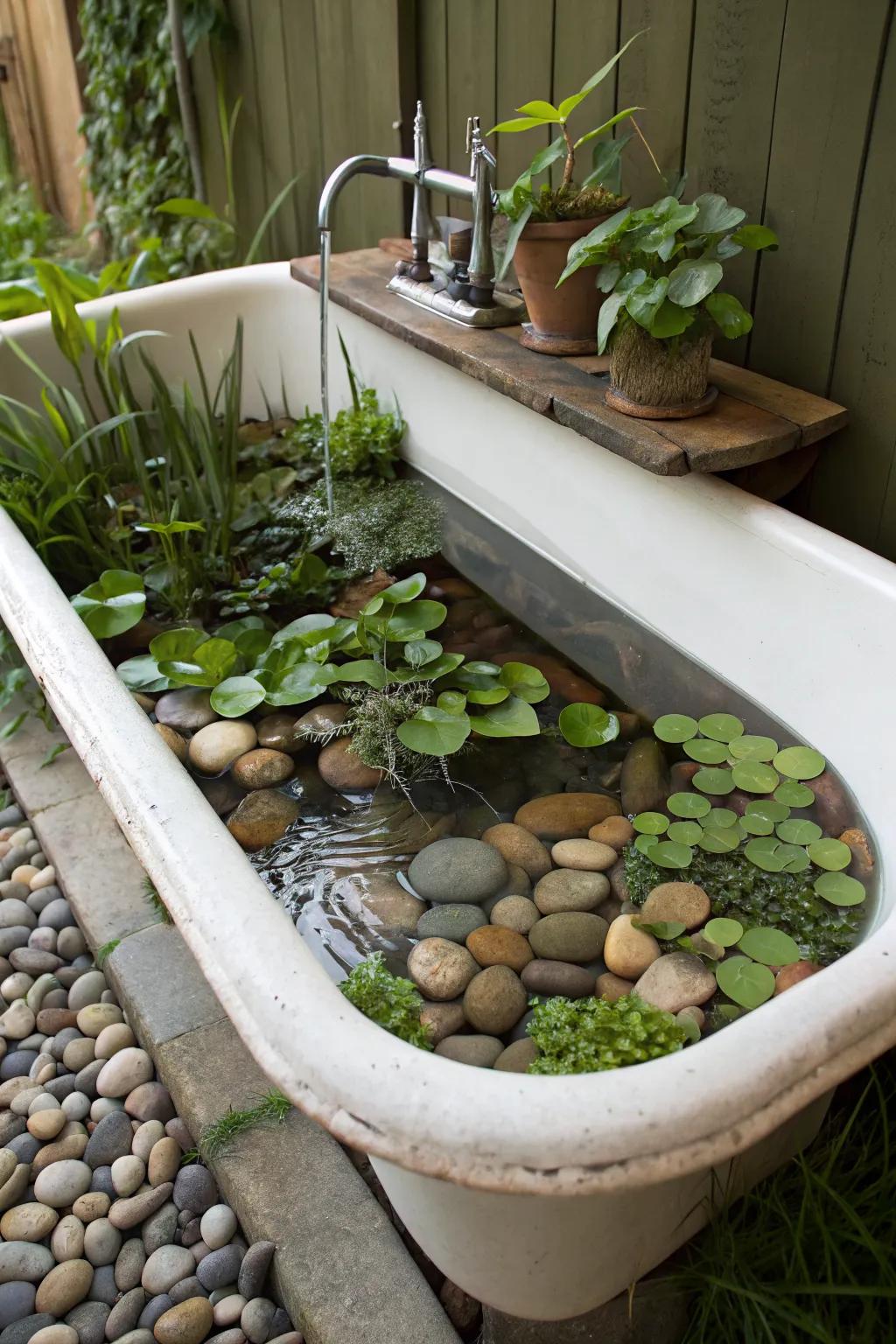 A quirky repurposed sink transformed into a water sanctuary.