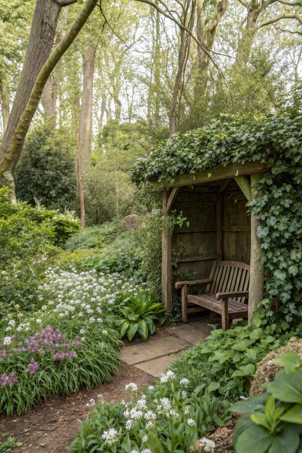 A hidden nook offers a secluded retreat within the garden.