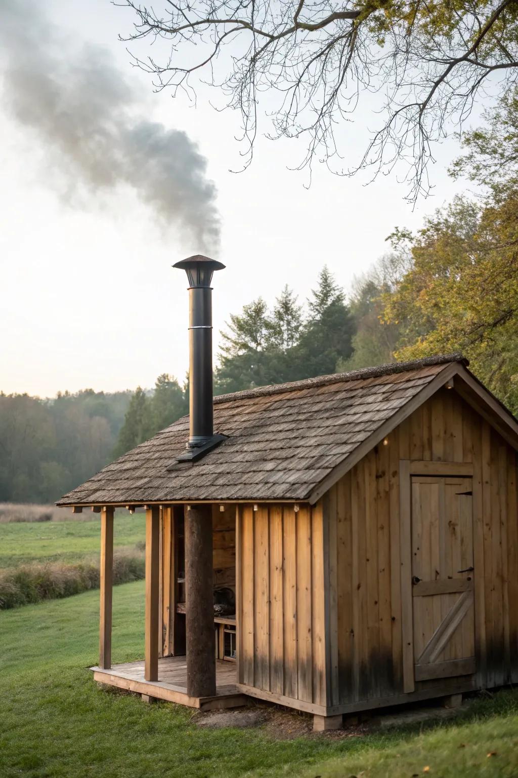 A smokehouse equipped with a chimney for enhanced smoke management.