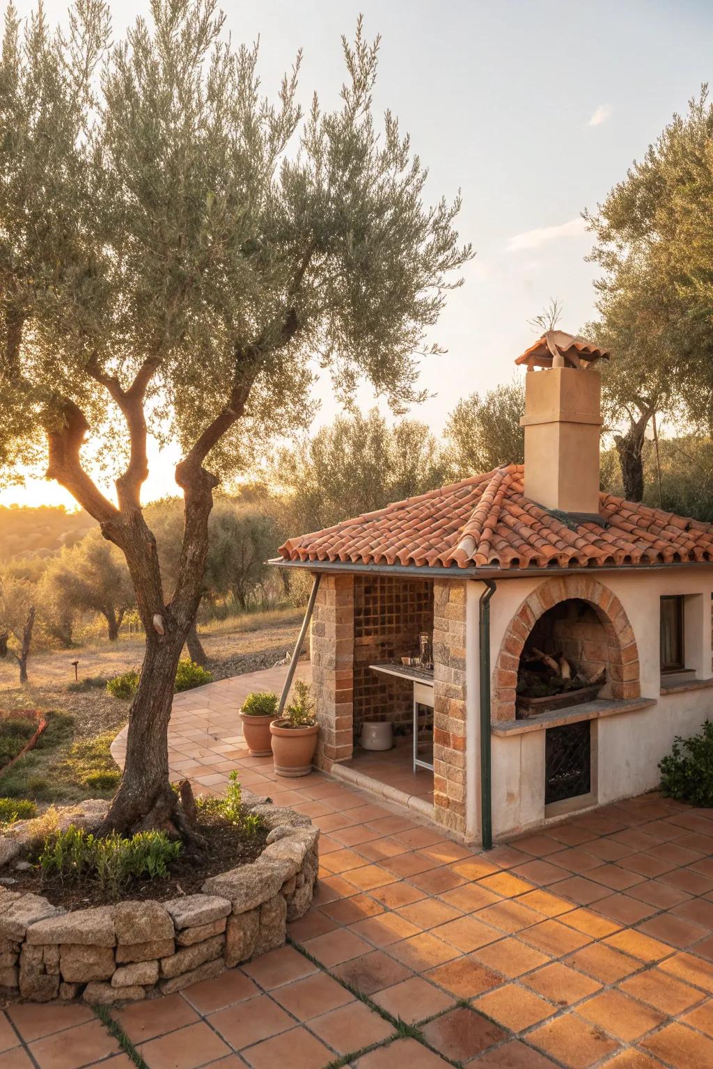 A Mediterranean oasis smoker shack, sun-soaked and serene.
