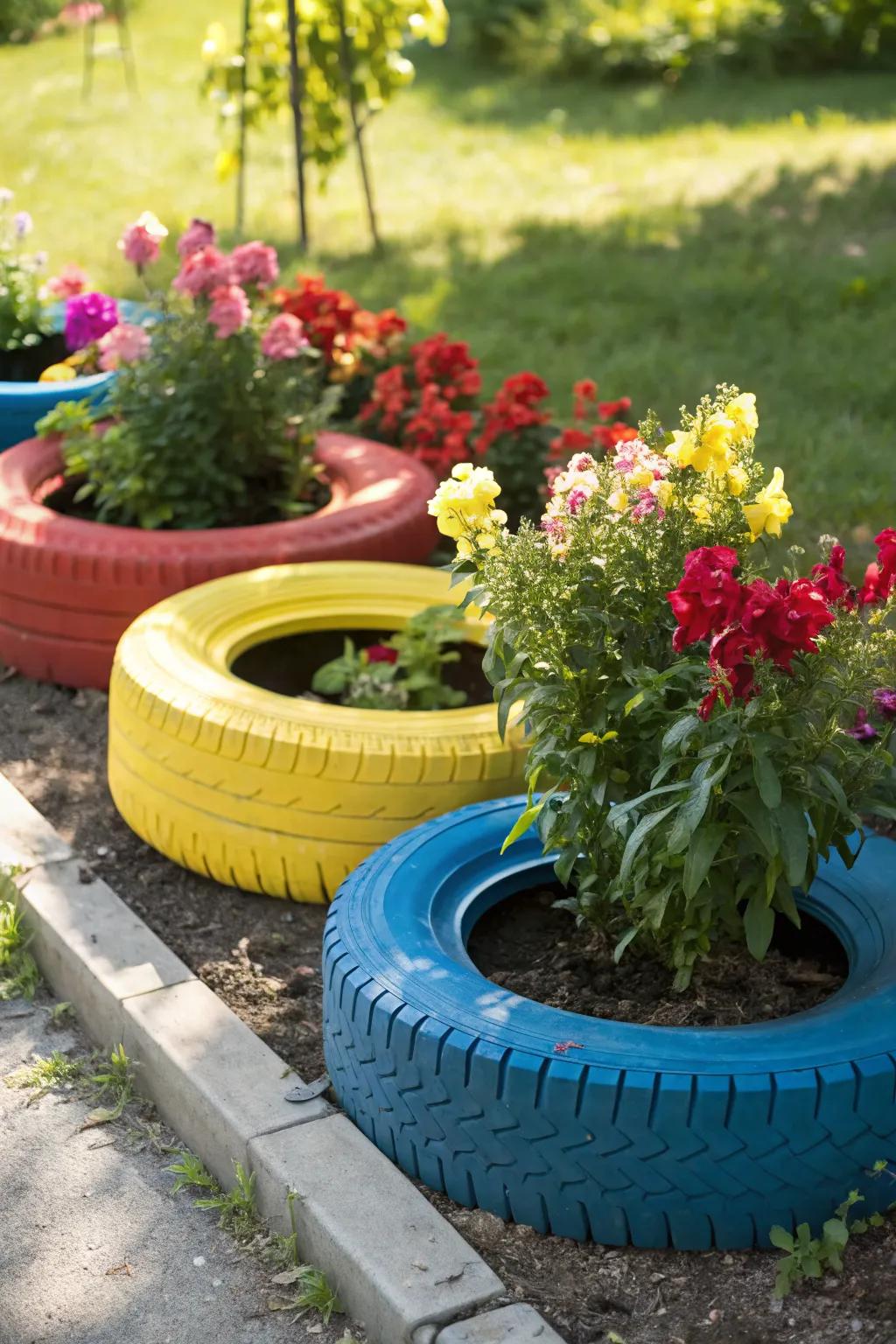 Colorful tires repurposed as planters for snapdragons, adding a playful twist to the garden.