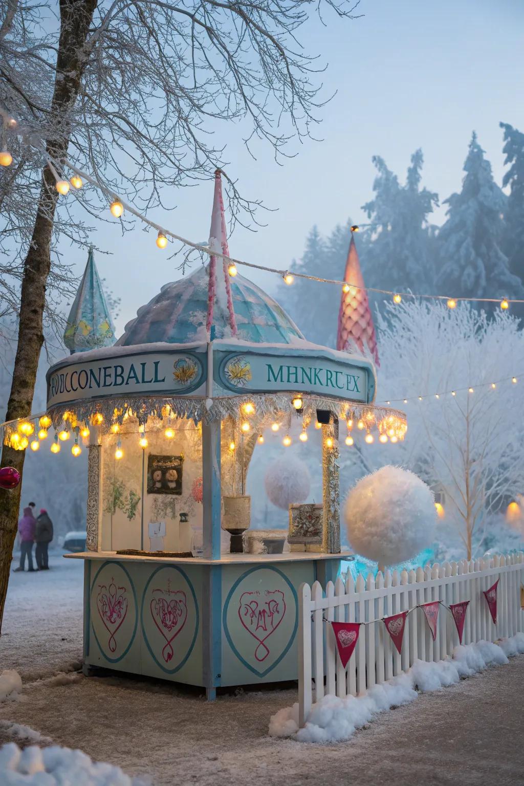A magical fairy tale snowball stand with enchanting decor.