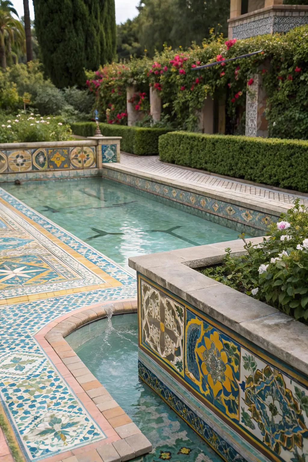 A soak pool adorned with stylish and elegant tile designs.