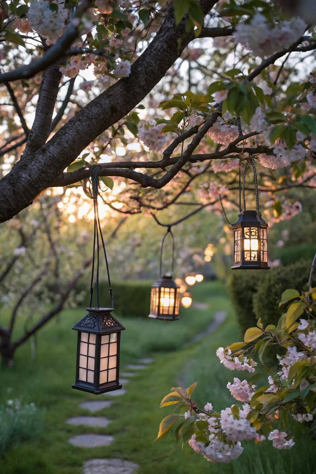 Create a fairy-tale setting by hanging solar lanterns from trees.