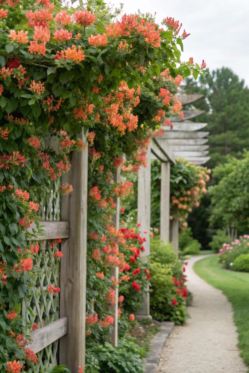 Coral Honeysuckle on a trellis adds height and drama to garden spaces.