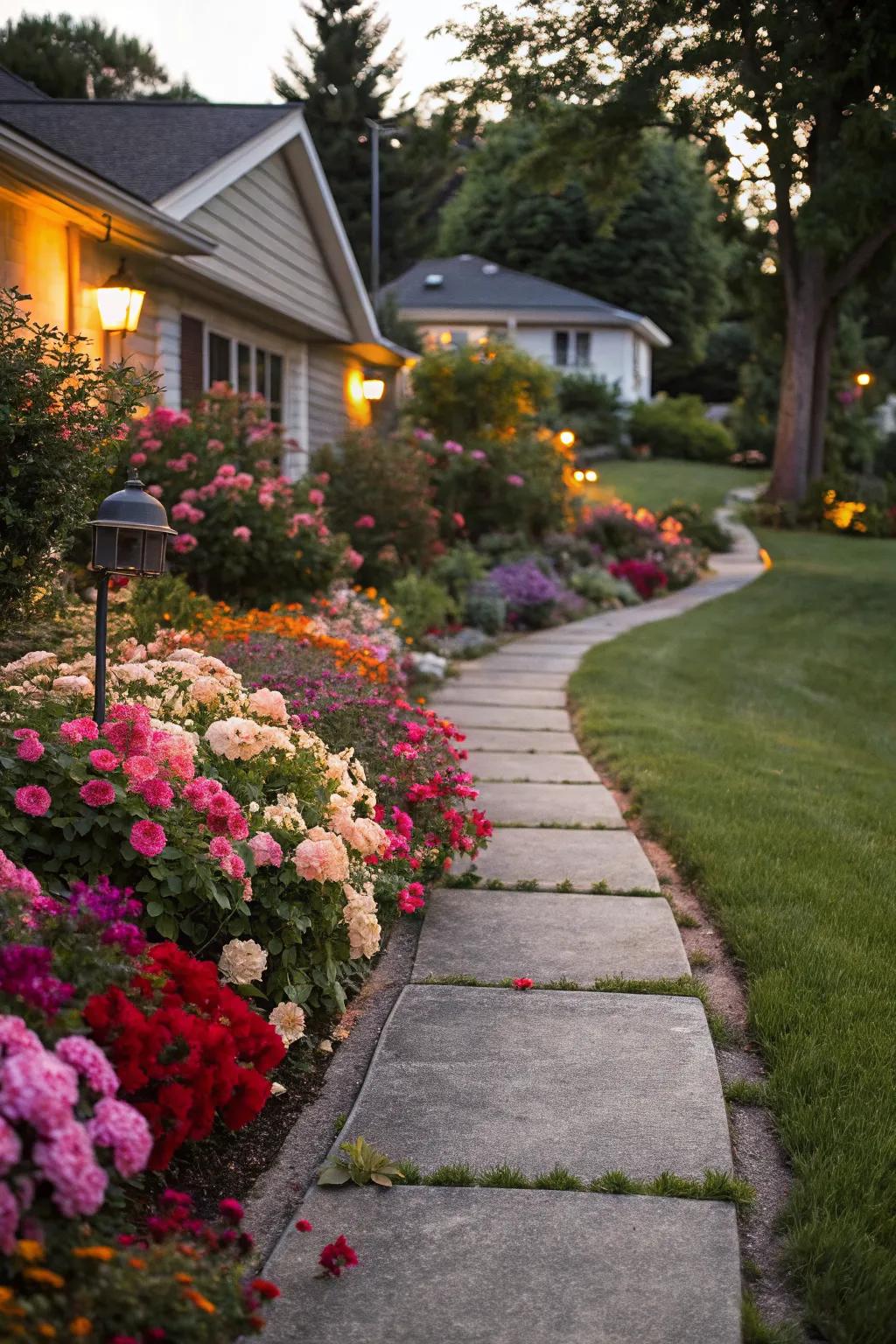 A colorful floral border lining a Southern front yard pathway.