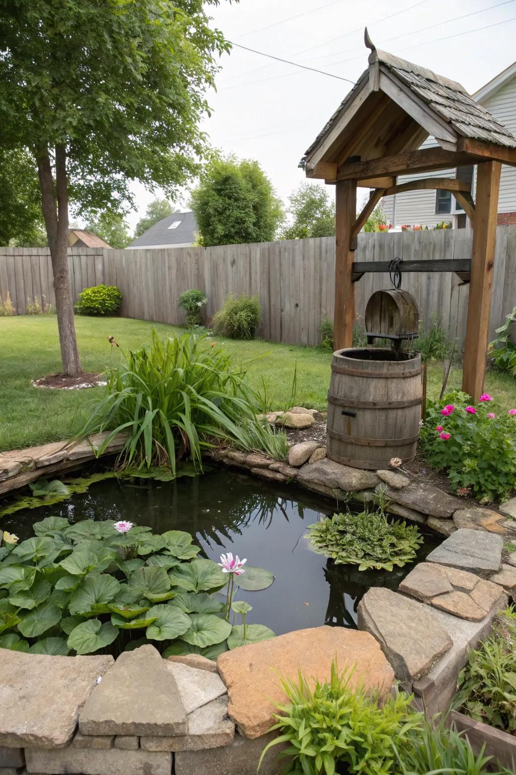 A rustic garden pond creating a calming atmosphere.