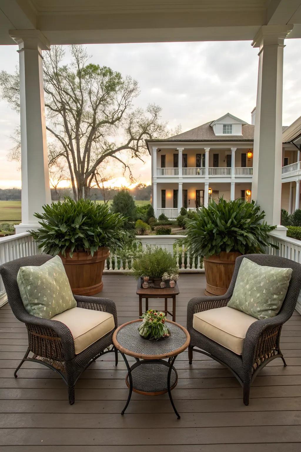 Symmetrical design adds harmony and elegance to the porch.