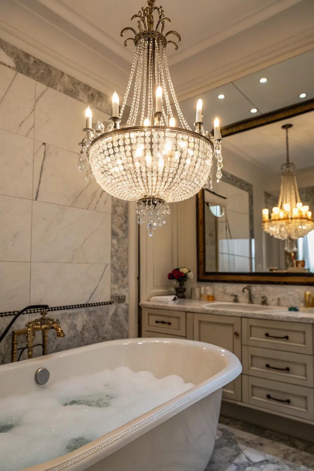 A statement chandelier elevates the elegance of your spa bathroom.