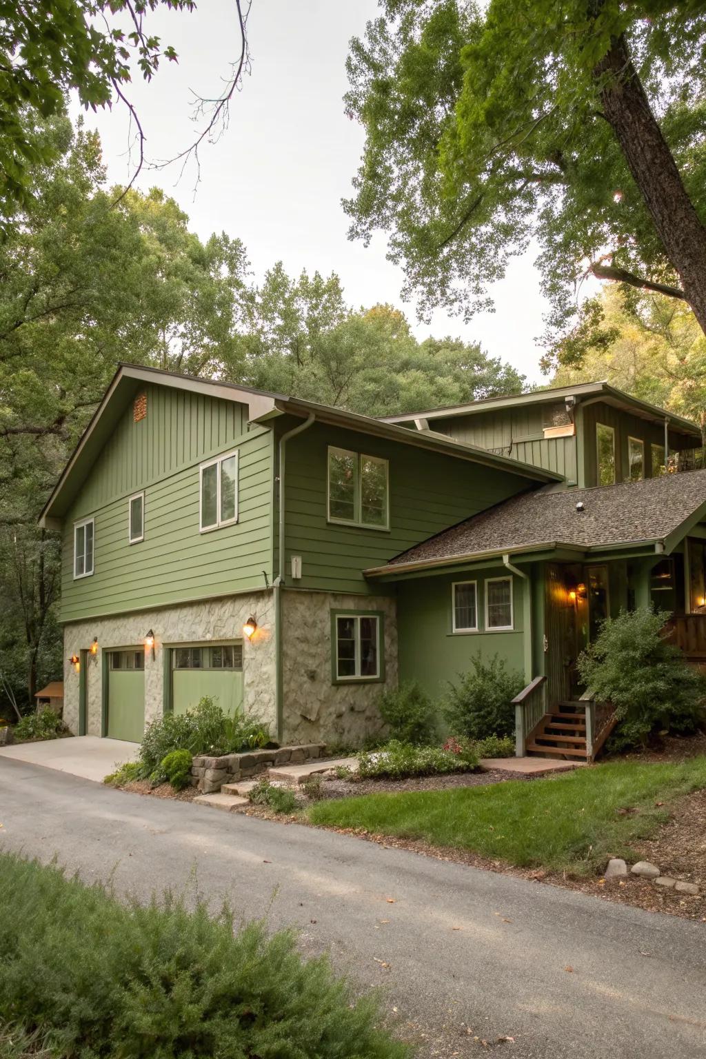 Earthy olive green blends this split-level seamlessly with its environment.