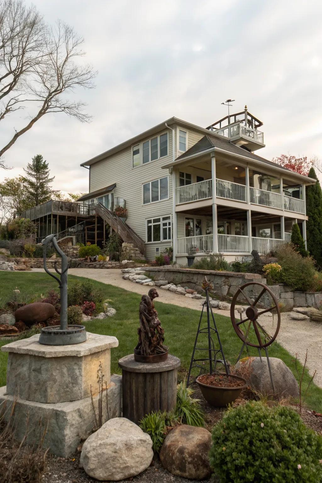 Artistic elements bring a unique flair to this split-level home's exterior.