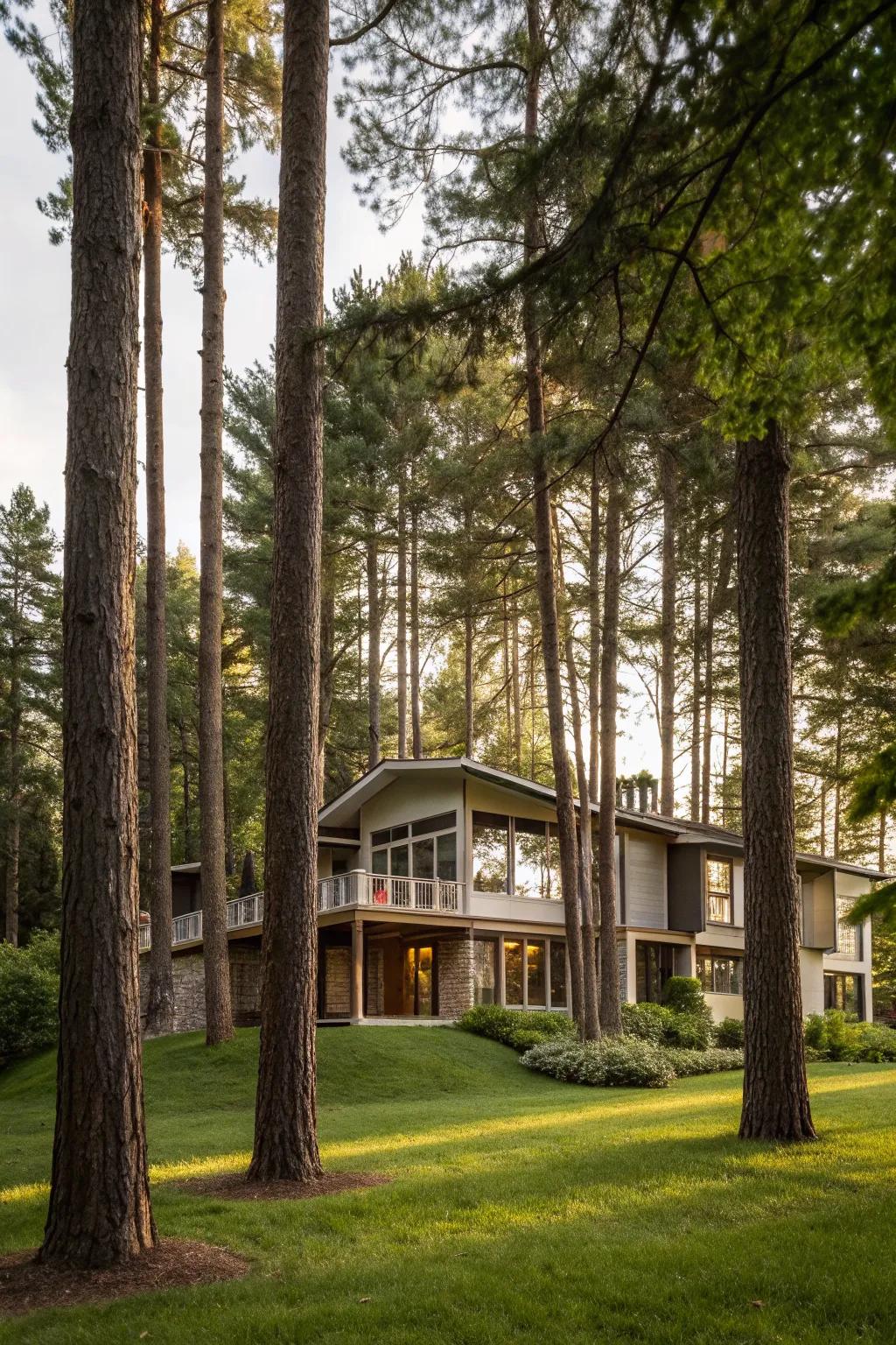 Tall trees frame the home, providing balance and harmony.