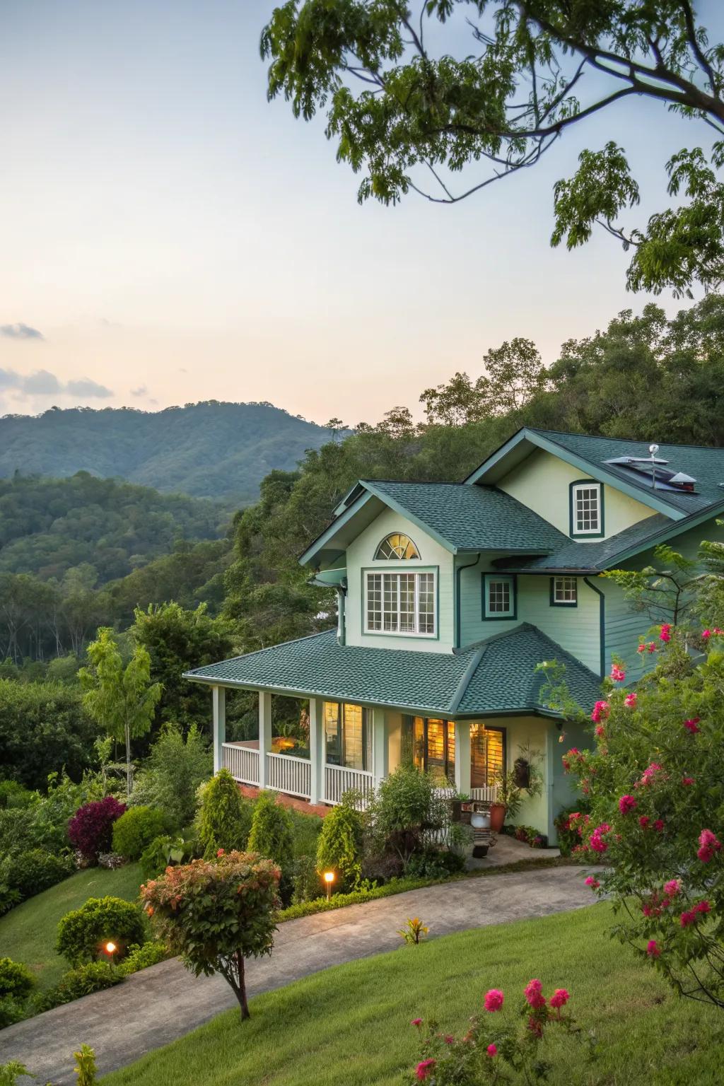 Layered landscaping can harmonize beautifully with your home's exterior colors.