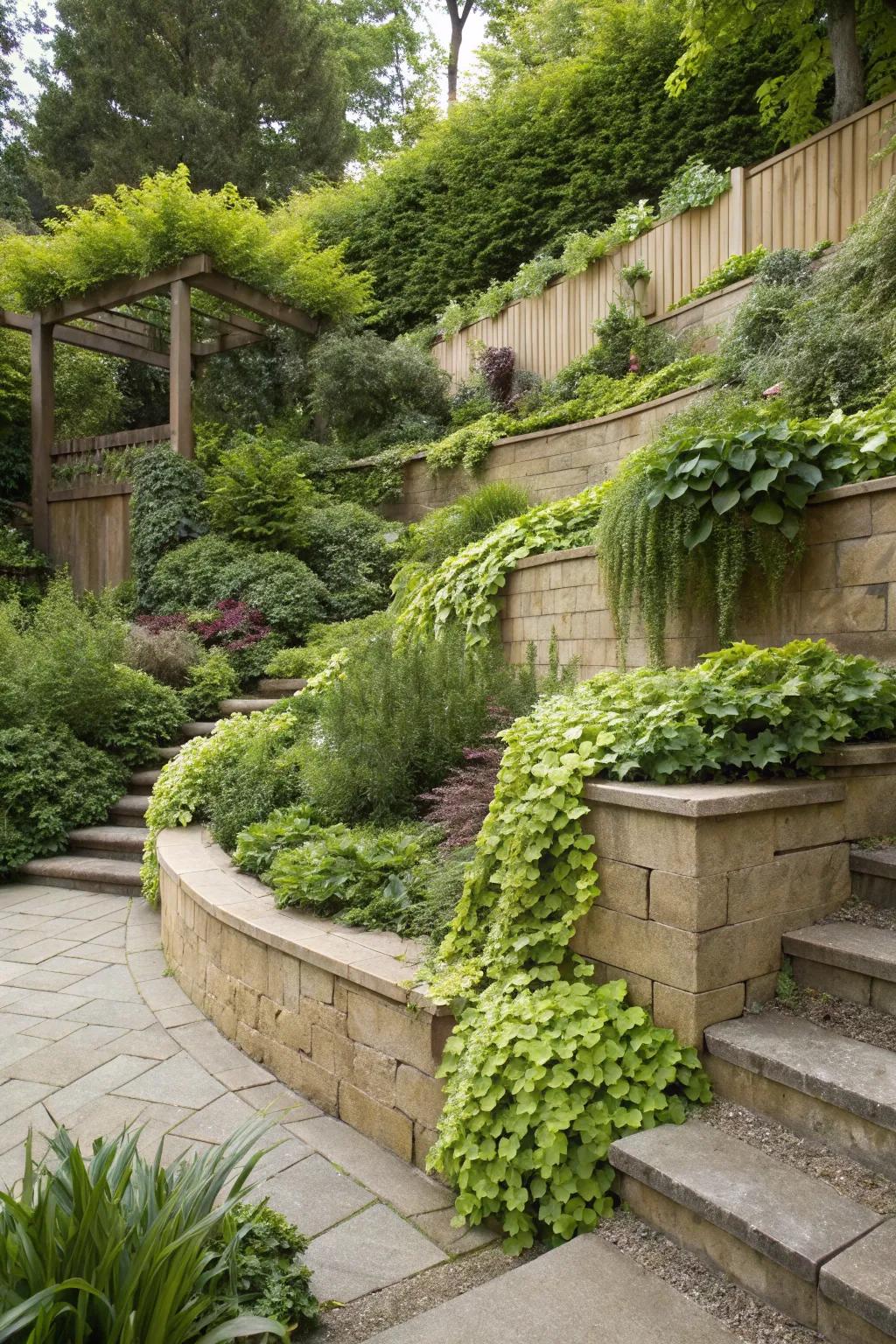 Cascading plants softening the edges of a split-level garden.