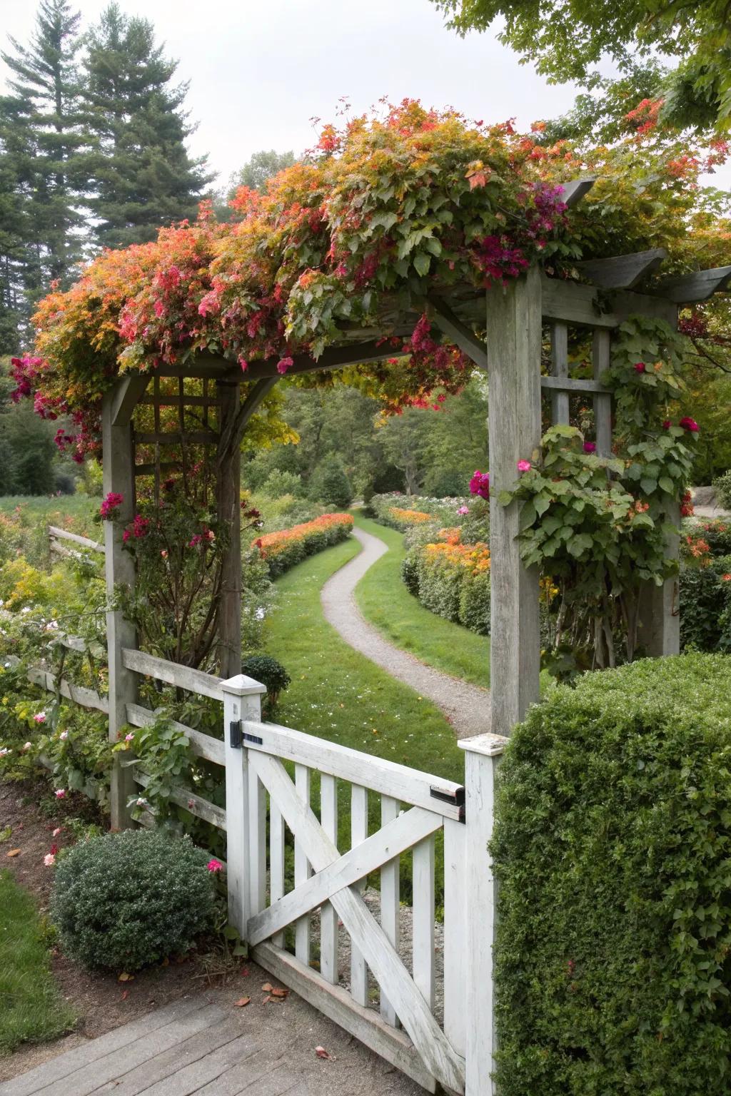 An arbor paired with a split rail fence creates a stunning focal point in this garden.