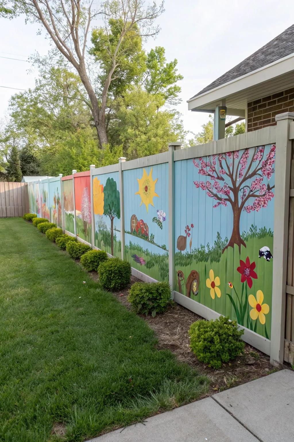A mural transforms a plain fence into an artistic masterpiece.