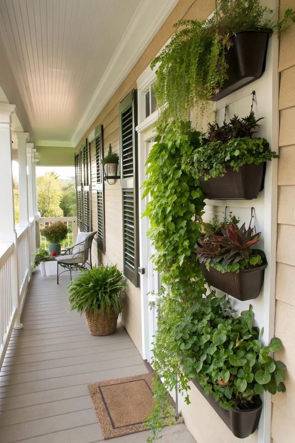 Vertical gardening creates a lush, green backdrop.