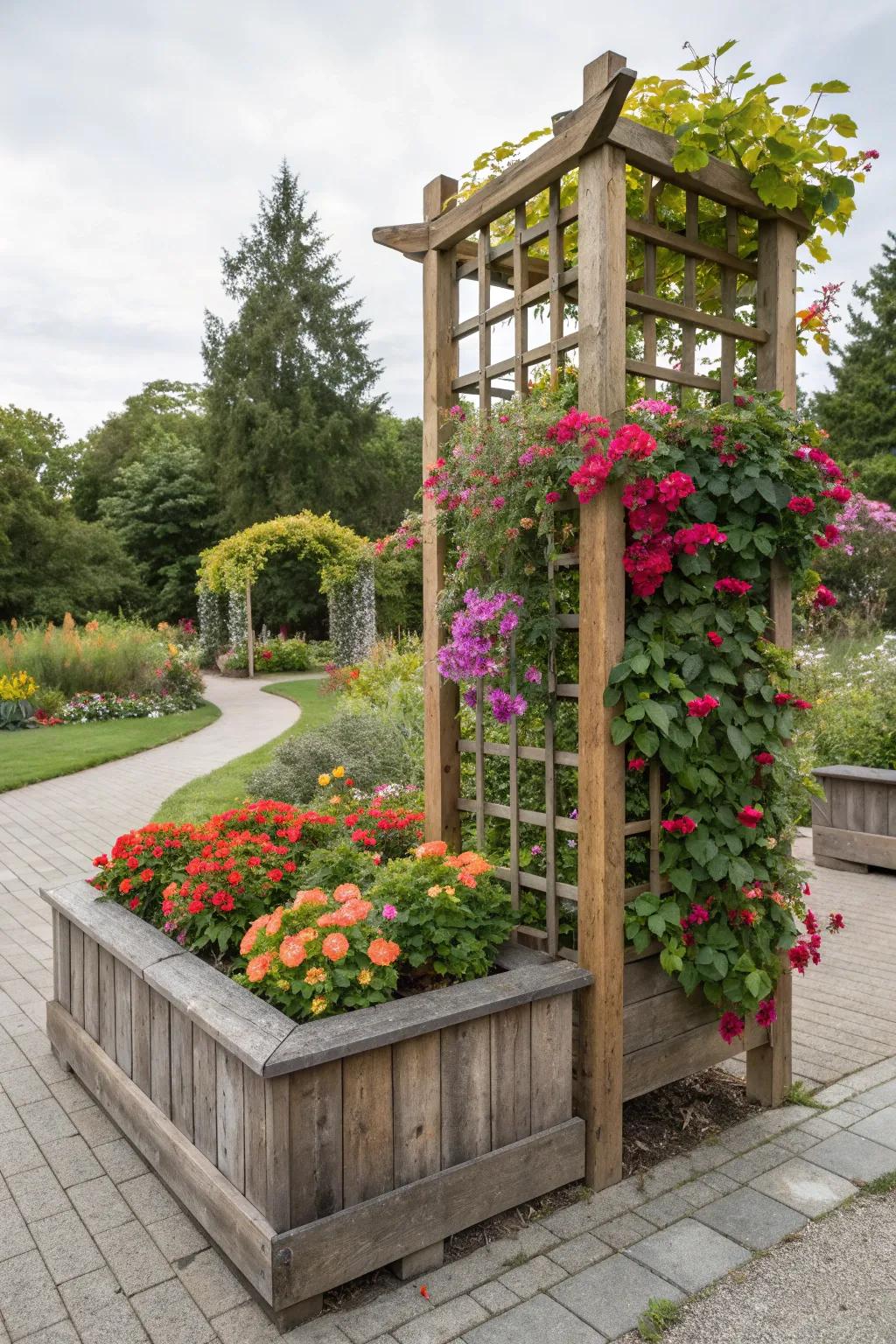 A square flower bed featuring a trellis, adding vertical interest and supporting climbers.