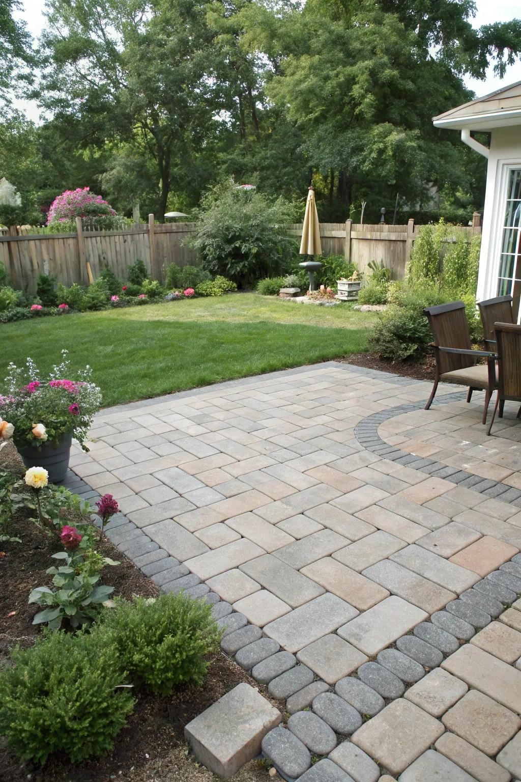 Patterned pavers add unique flair to square patios.