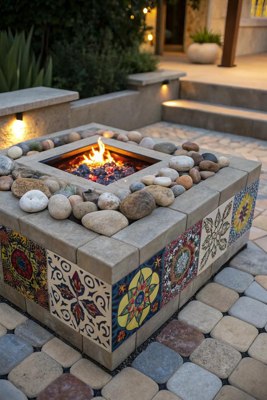 Artistic tile accents add personality to your fire pit.
