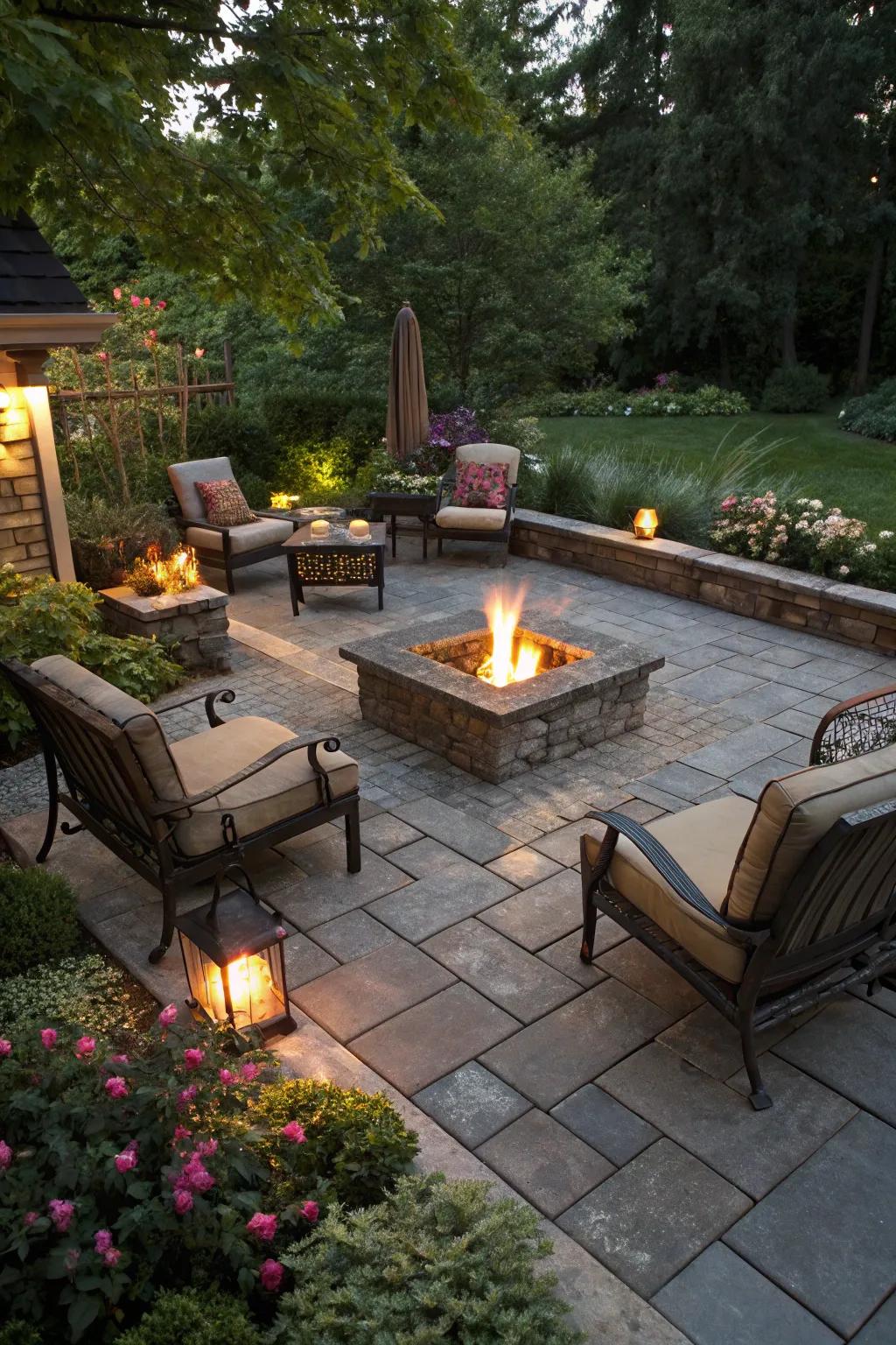 A sunken design provides a cozy fire pit experience.