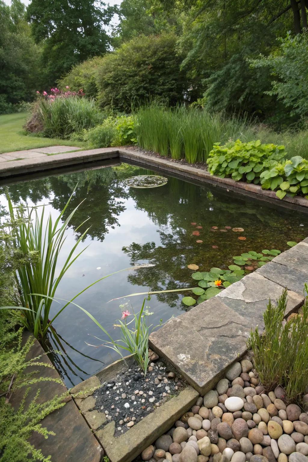 A square pond with a natural filtration system for clear, healthy water.