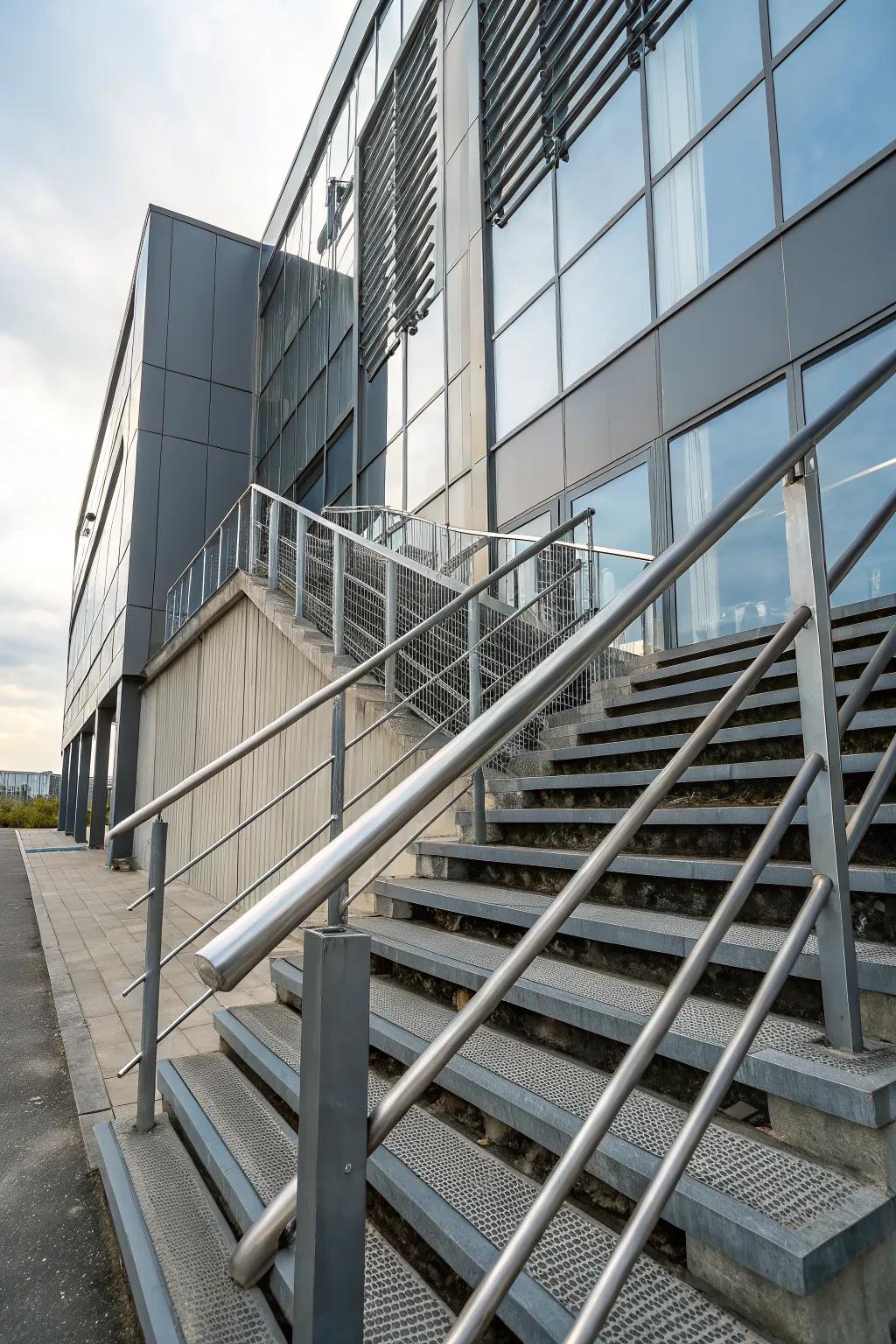 Steel pipe railings bring an industrial edge to outdoor stairs.